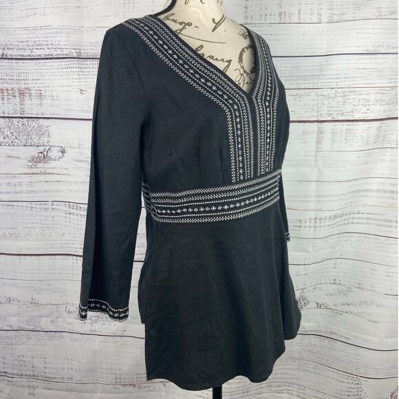 Geoffrey Beene Sport Linen Top Women 8 Black Embroider 3/4 Sleeve V Neck Stretch - Picture 3 of 10